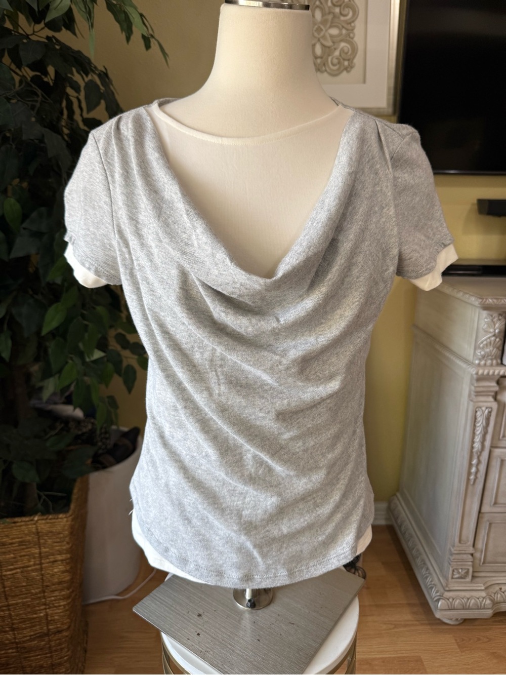 Current/Elliott Women’s S Heather Gray Cream Layered Cowl Neck Top NWT